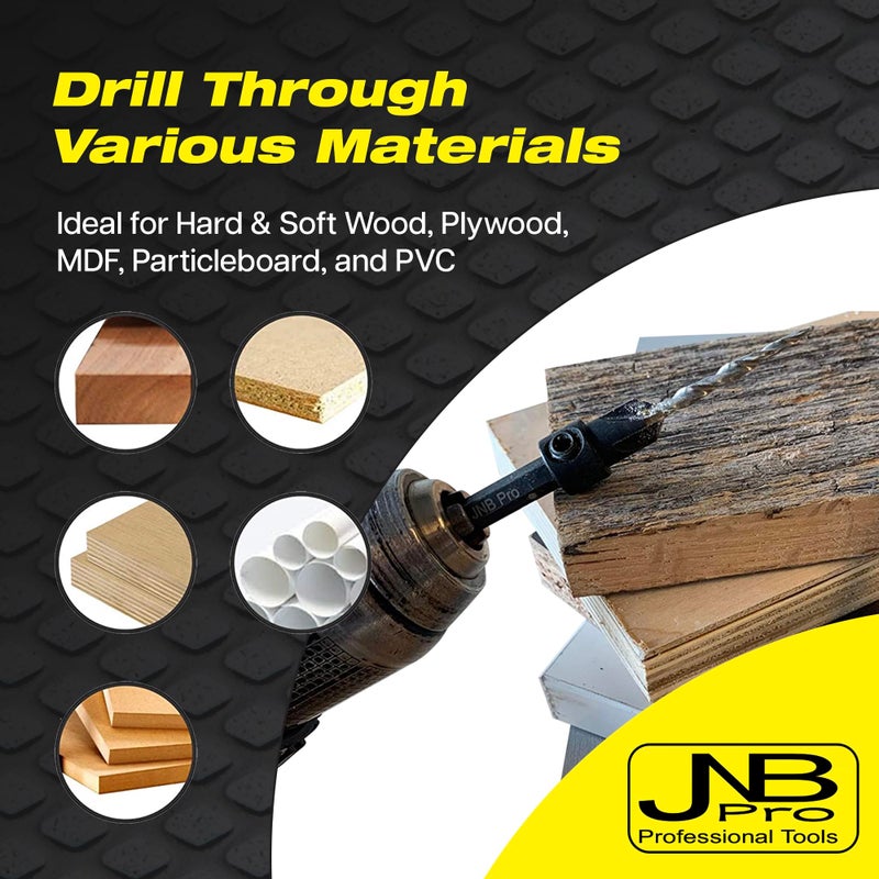 JNB Pro Wood Countersink Drill Bit Set 5pc #6 (9/64"") 4 Flute M2 HSS Drill Bits1/4 Hex Quick Change  Stop Collar Set Brocas para Madera Counter Sink Drill Bit for Wood Working with 2 Free Tapered Bits - Image 3